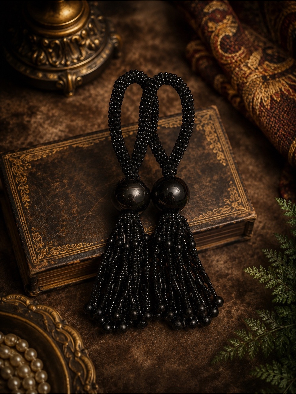 🖤 Vintage Black Beaded Curtain Tiebacks • Pair Seed Bead Tassels Drapery Decor